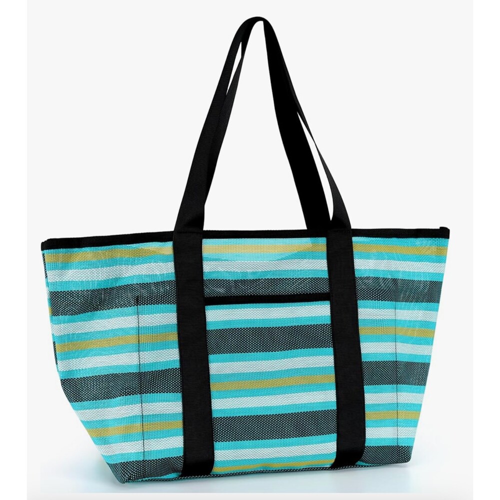 New Revotra Teal Tropical Striped Beach Bag Tote Mesh Foldable Waterproof